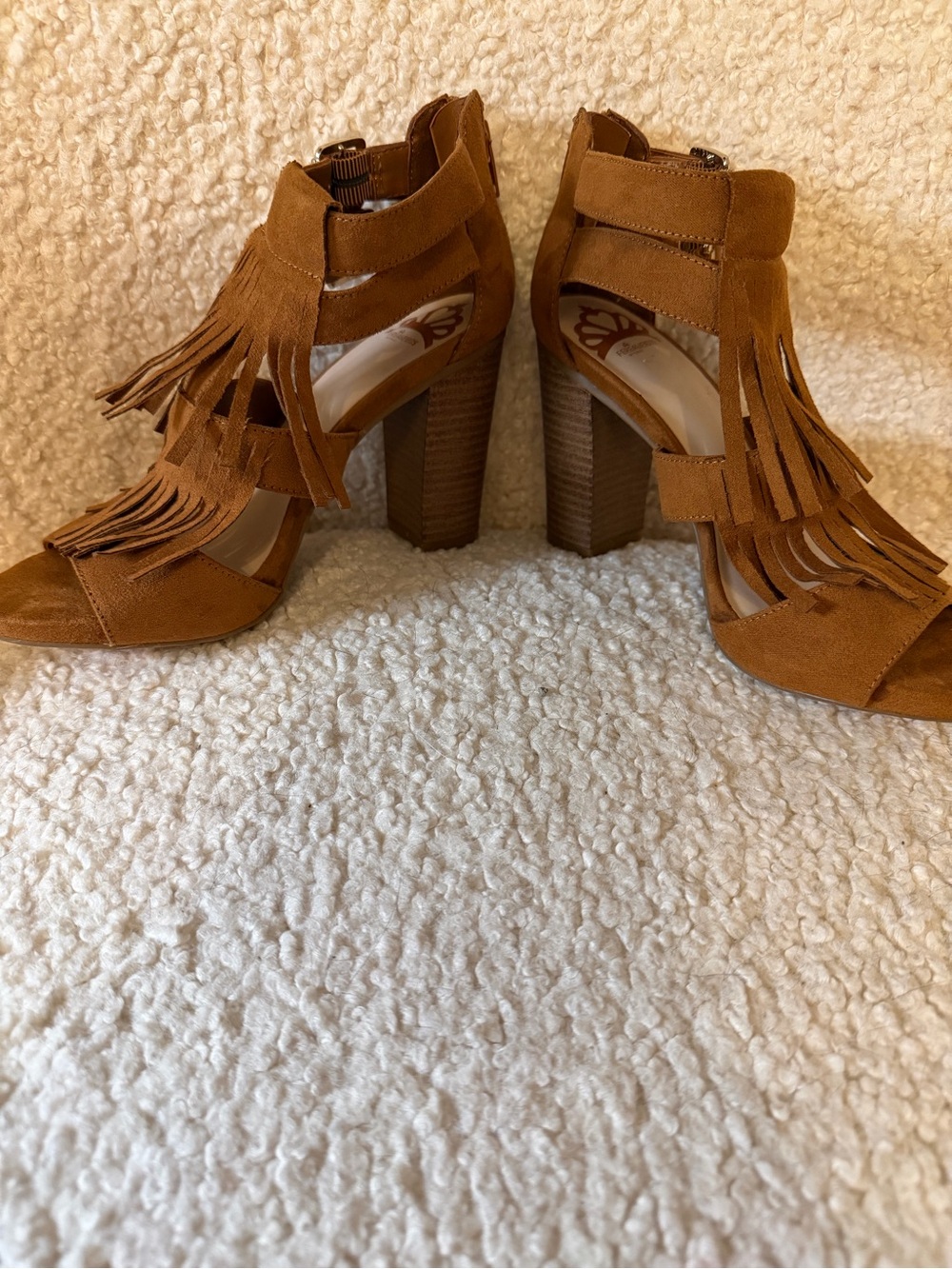 New! Fergalicious Tan Suede Fringe Block Heel